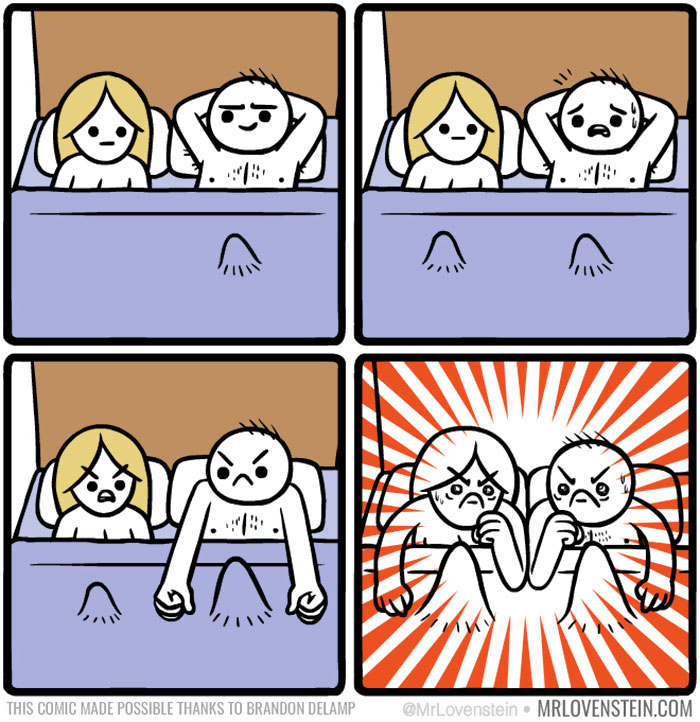 A comic shows a couple in bed, surprised by a mysterious hand, highlighting dark humour.