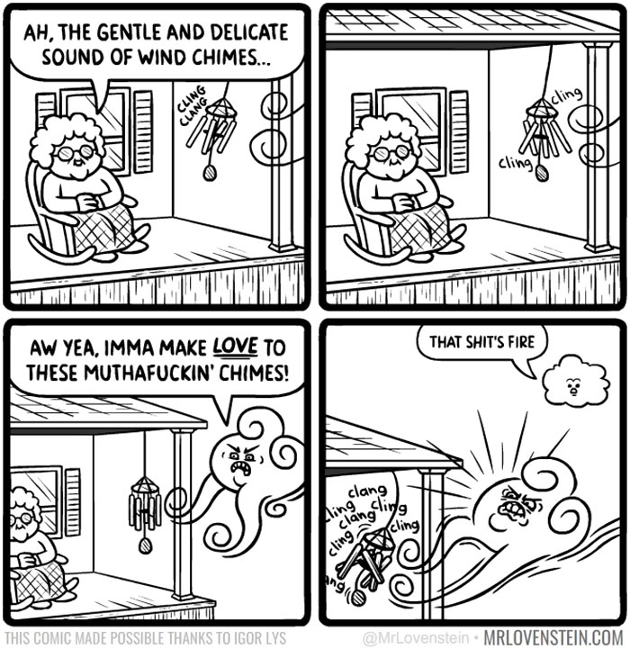 Comic strip with wind chime humor, featuring a person on a porch and a wind spirit enthusiastically interacting with chimes.