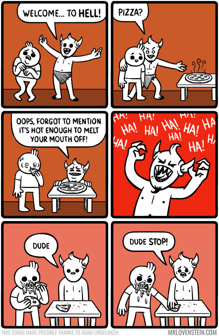 Demon serving pizza illustrating dark humour with a spicy twist.