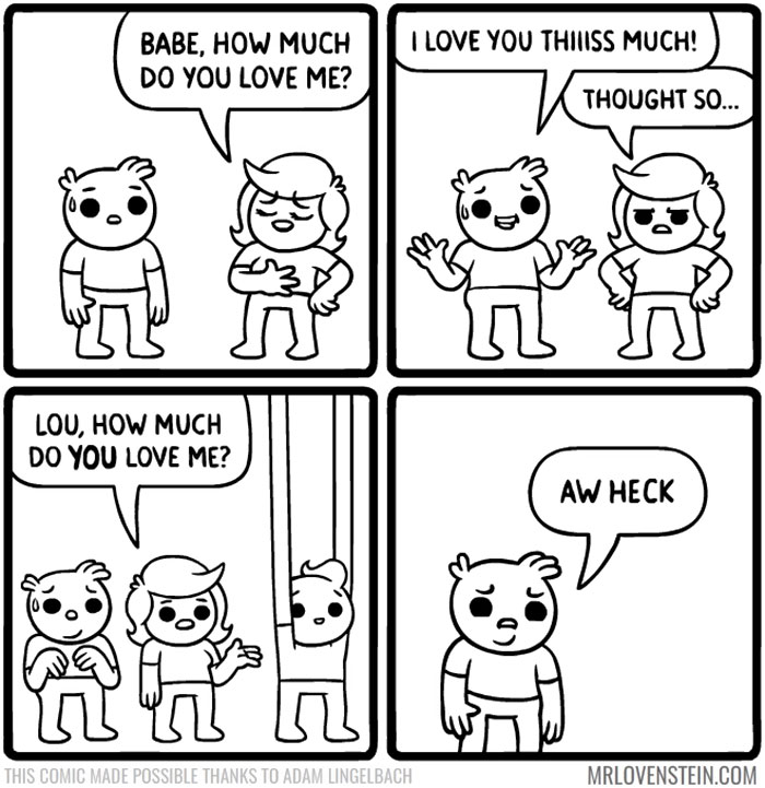 Comic of a couple discussing love, with a humorous twist in dark humor style.