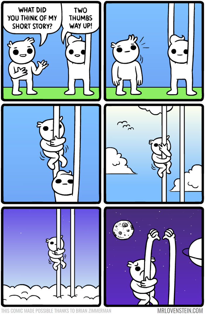 Dark humor comic: character climbs tall thumbs by moonlight.