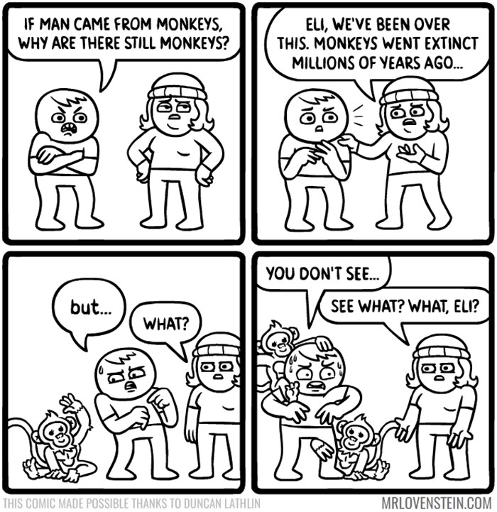 Black-and-white comic with characters discussing monkeys and evolution, featuring dark humour.