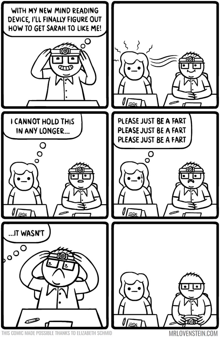 Comic of a man with a mind-reading device, discovering awkward thoughts, highlighting dark humor.