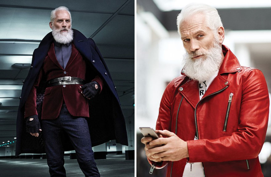Stylish older man with a beard in red and black outfits, redefining handsome concepts.