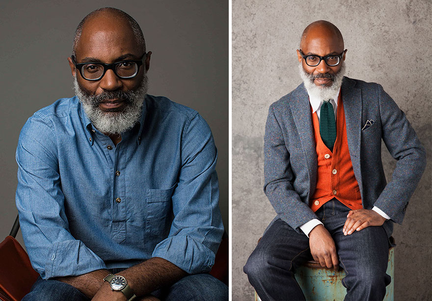 Handsome older man with a beard, wearing glasses and a blue shirt in one image, and a suit with a red vest in another.