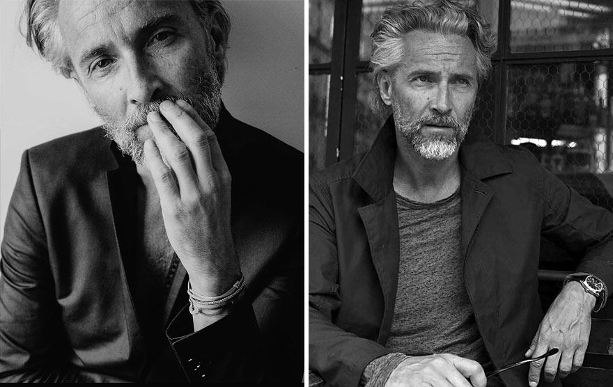 Older man with gray hair and beard, wearing stylish outfits in two black-and-white portraits.