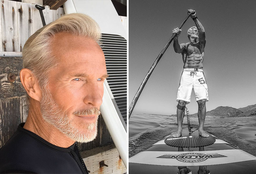 Handsome older man with gray beard, left, and same man paddleboarding shirtless, right.