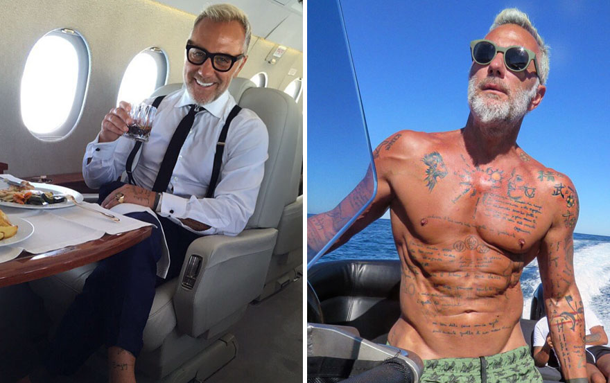 Handsome older man on a private jet wearing a suit and sipping a drink; same man shirtless on a boat with tattoos.