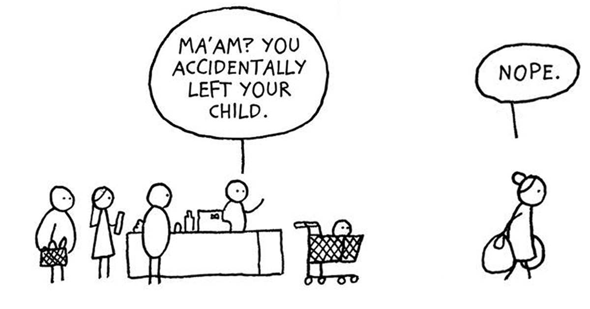 Simple black and white comic showing Icelandic humor with dark dialogue about accidentally leaving a child in a shopping cart.