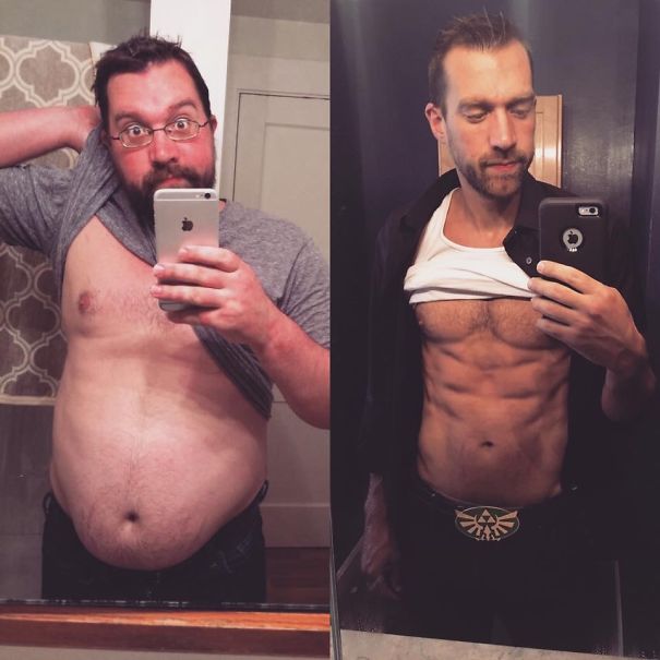 Man showing dramatic before-and-after transformation photos highlighting results when you stop drinking alcohol.