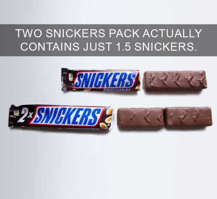 Two Snickers bars and one two-pack open to show 1.5 Snickers inside, illustrating amazing facts about product packaging.