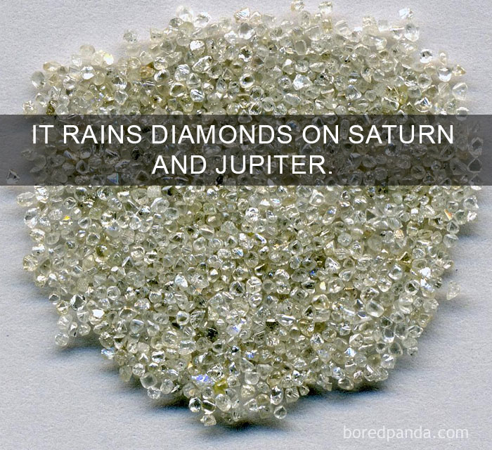 Close-up of uncut diamonds with text about amazing facts on diamond rain on Saturn and Jupiter.