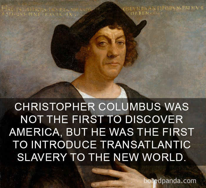 Portrait of Christopher Columbus with a fact about transatlantic slavery from 81 amazing facts that will change how you see the world.