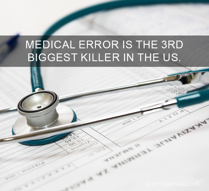 Stethoscope resting on medical documents highlighting an amazing fact about medical errors as a leading cause of death.