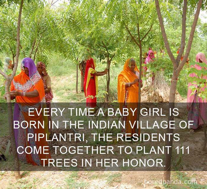 Women in Indian village of Piplantri planting trees to honor every newborn baby girl, highlighting amazing facts about the world.