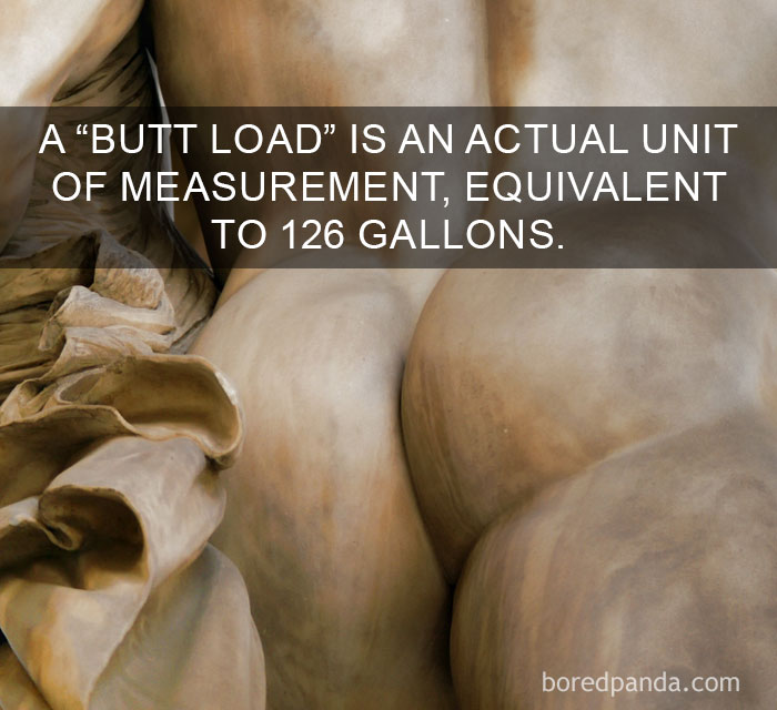Close-up of a marble sculpture with an overlay text about an amazing fact involving a b**t load as a unit of measurement.