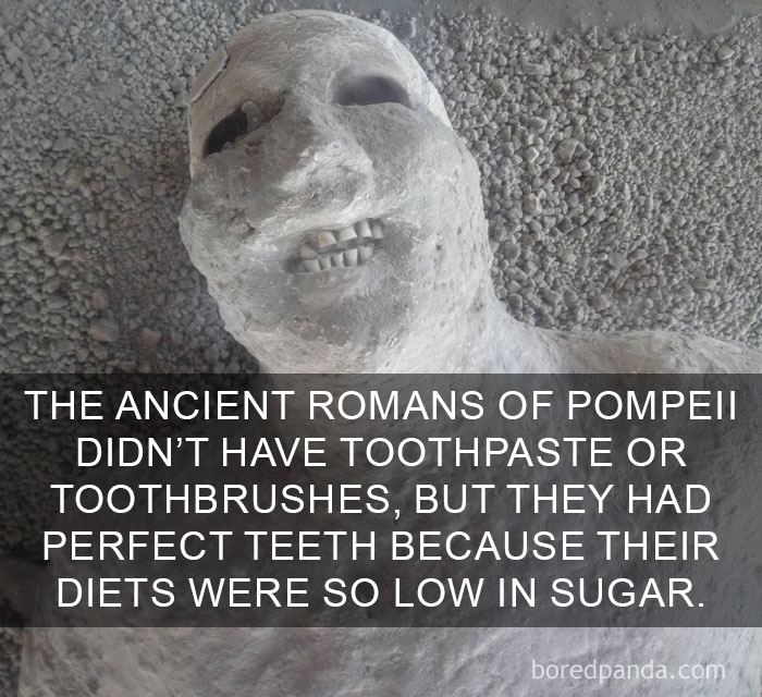 Plaster cast of ancient Roman from Pompeii showing perfect teeth due to low sugar diet, an amazing fact about history.