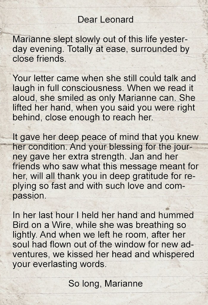 People Are Sharing The Heartbreaking Final Letter That Leonard Cohen Sent To His Muse