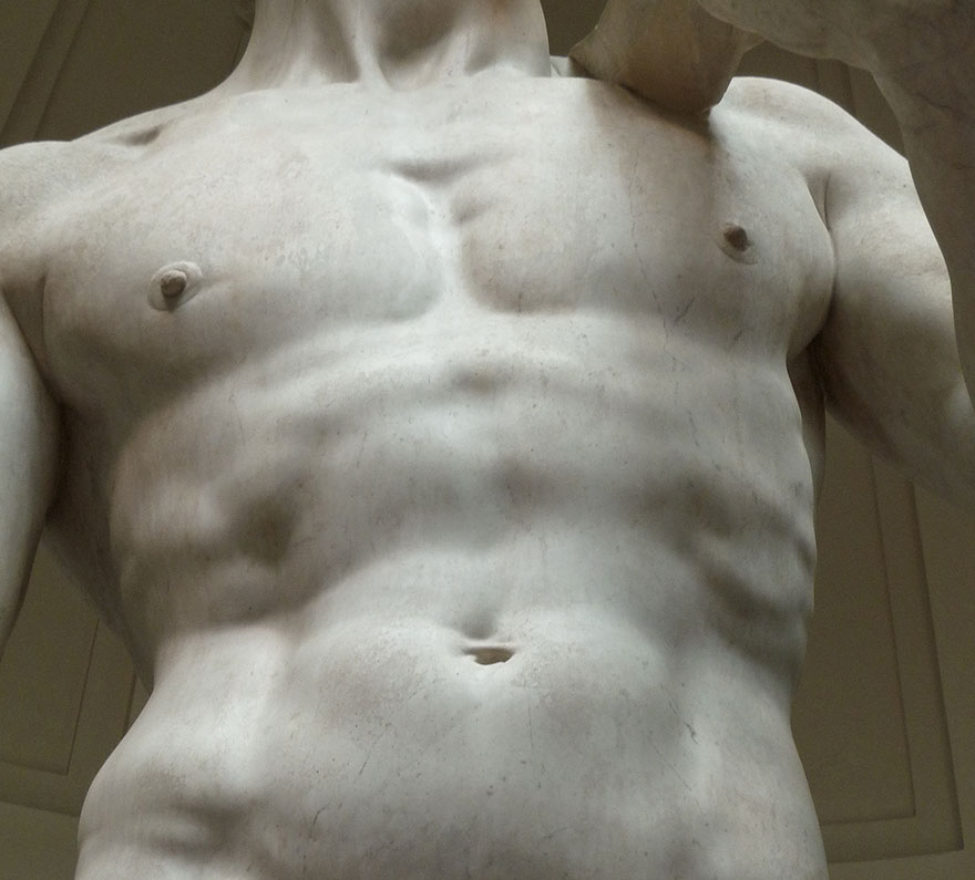 Close-up photography of Michelangelo’s David upper body.