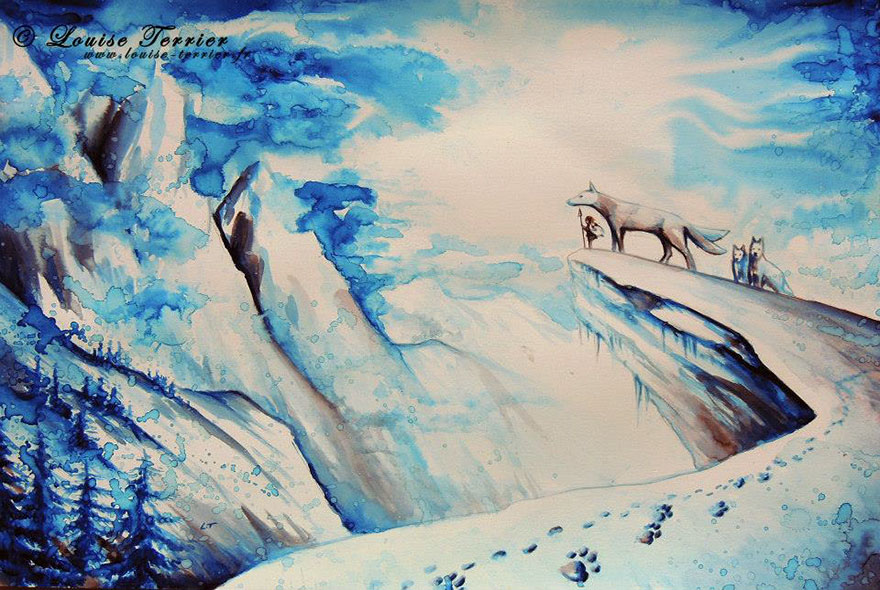 Moro And San In The Snow Indian Ink Painting By Louise Terrier