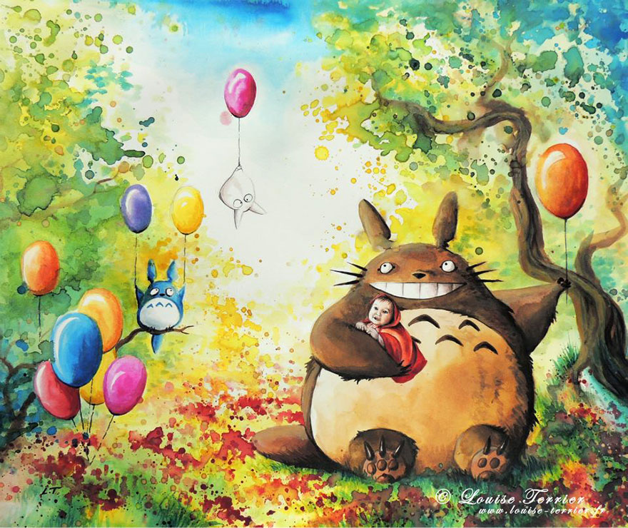 Totoro And Hannah Indian Ink Painting By Louise Terrier