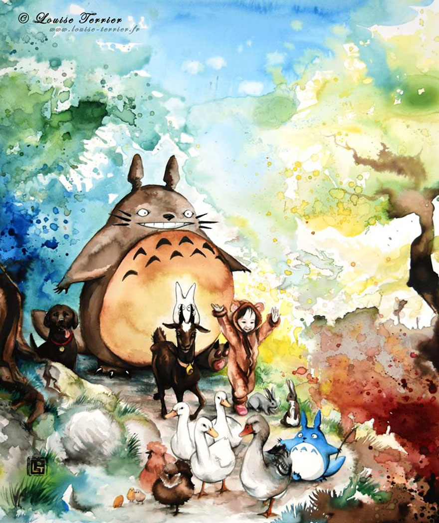 Totoro And Hannah Indian Ink Painting By Louise Terrier
