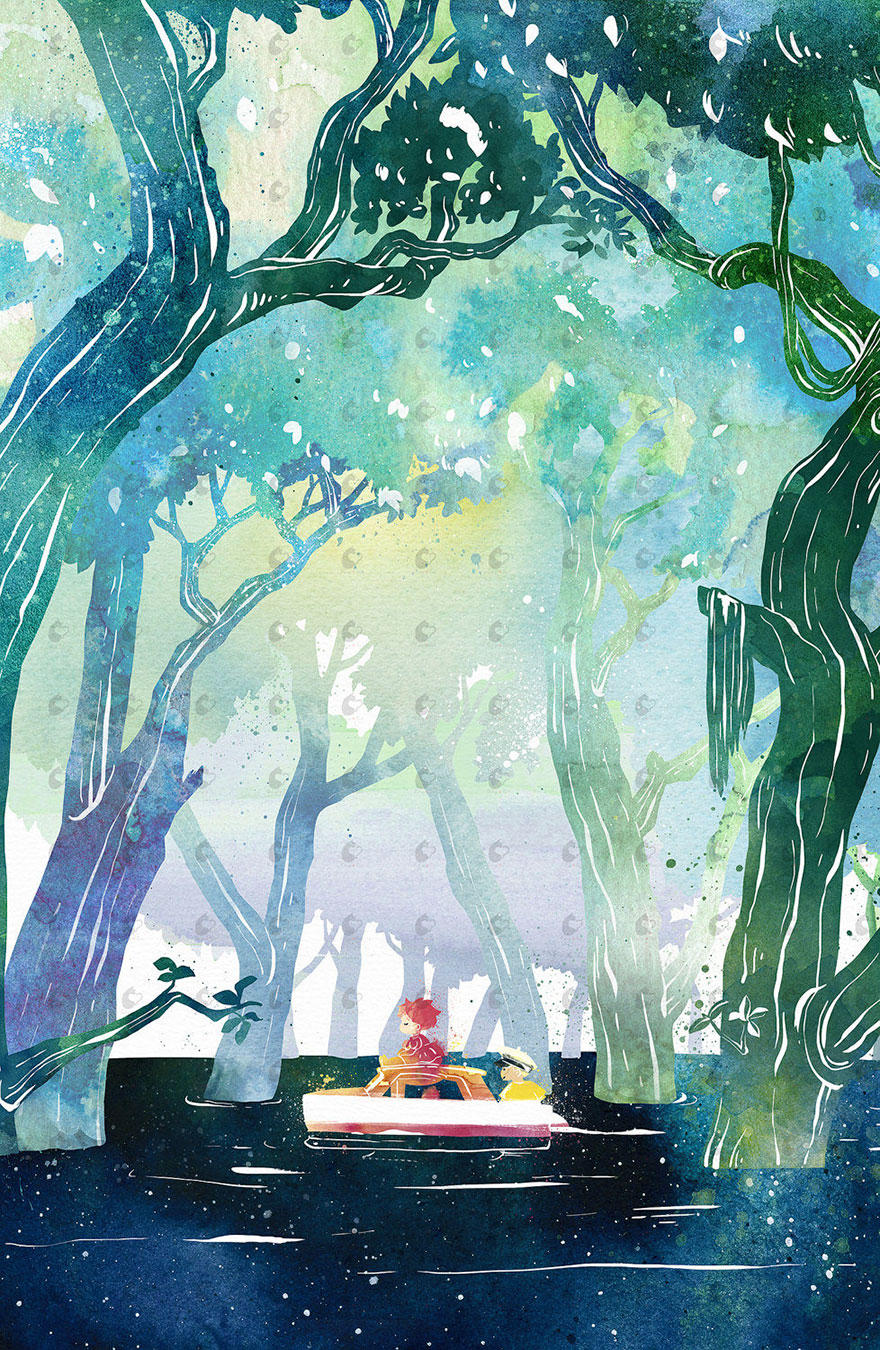 Ponyo On The Cliff By The Sea Watercolor Painting By Penelope