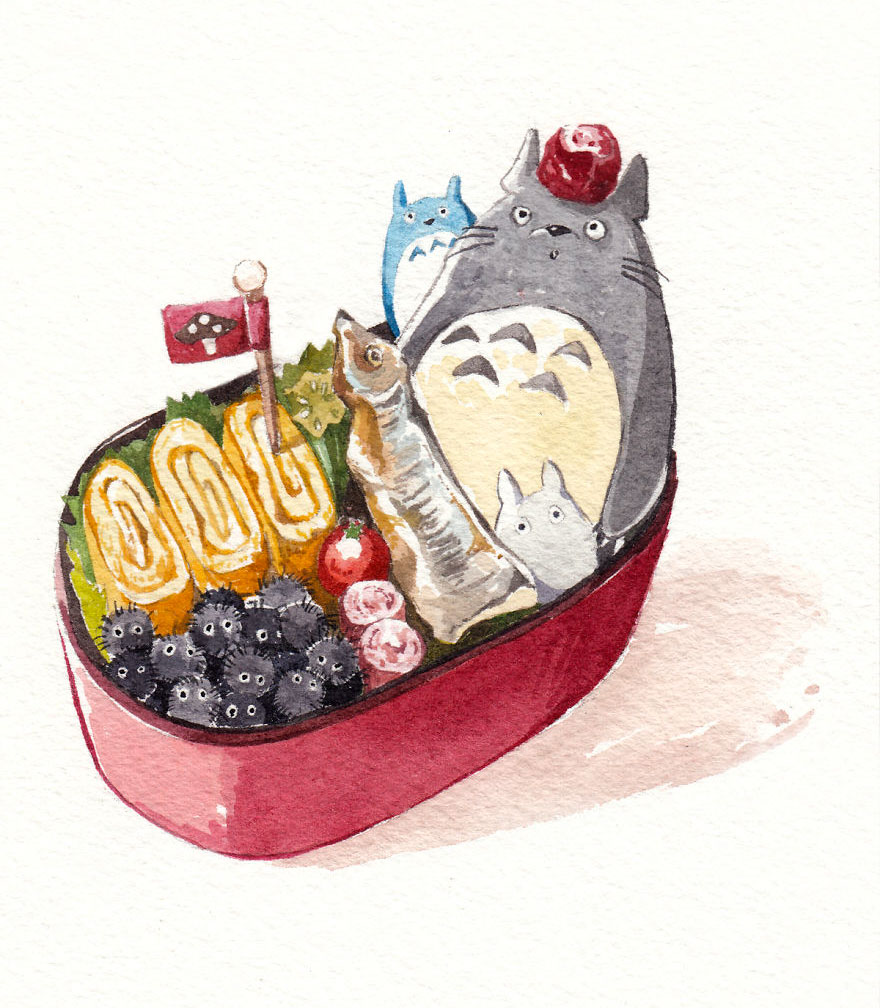 Totoro And His Friends Bento Box Watercolor Painting By Penelope