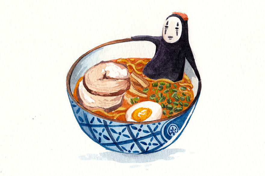No Face In Ramen Bath Watercolor Painting By Penelope