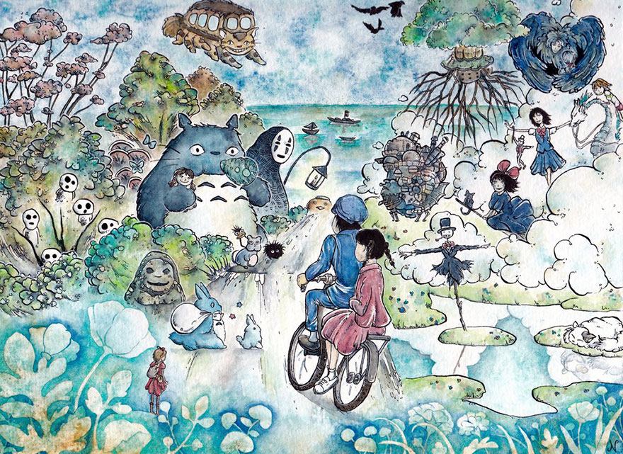 Ghibli Path Watercolor And Ink Painting By Pseudozufall