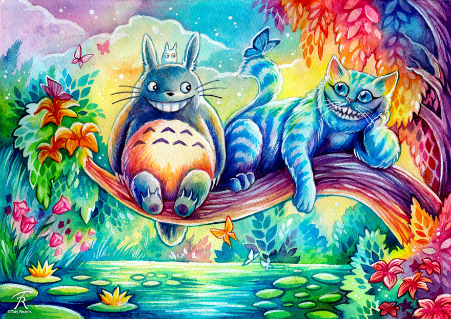 Chesh And Totoro Watercolor Painting By Trollgirl