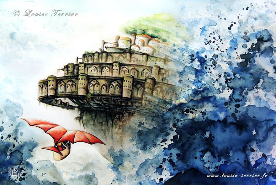 The Castle In The Sky Indian Ink Painting By Louise Terrier