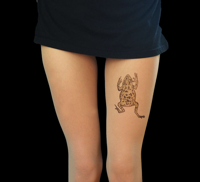 Leg wearing tattoo tights with frog design creating an inked illusion.