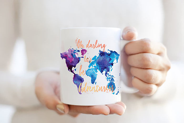 Adventurers Word Map Watercolor Mug