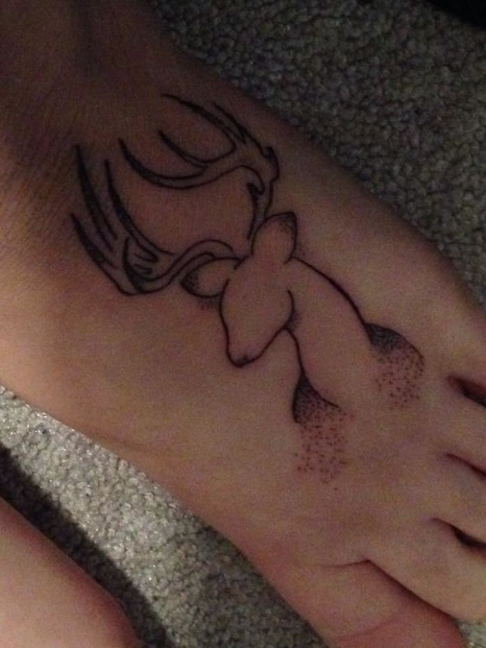 Subtle Harry Potter tattoo of a stag on the foot, representing a Patronus symbol for true Potterheads.
