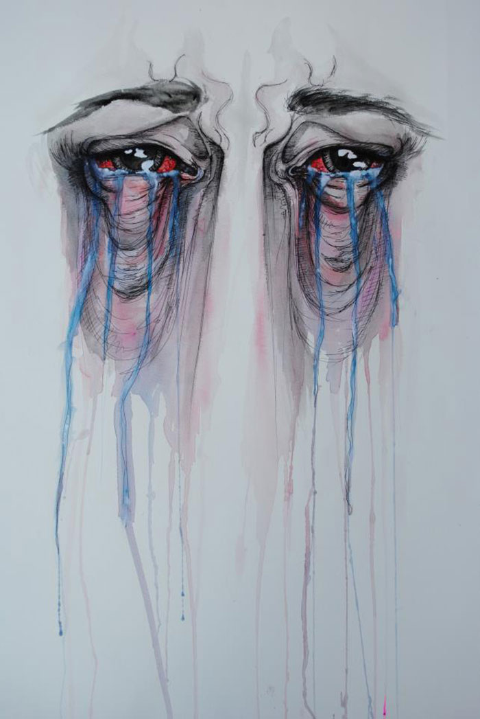 Watercolor painting of teary eyes with colors flowing down, representing depression.