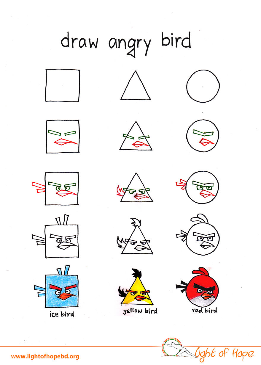 Step-by-step drawing of Angry Birds using simple shapes showing how to draw any animal from a square, triangle, and circle.