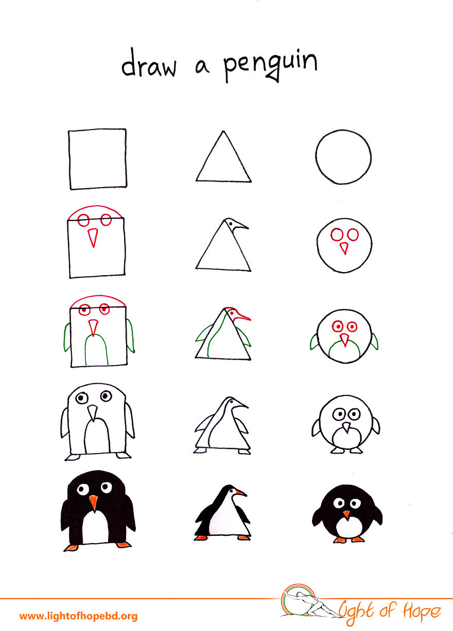 Step-by-step tutorial showing how to draw a penguin using basic shapes like a square, triangle, and circle.