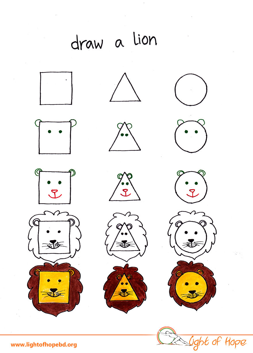 Step-by-step guide showing how to draw a lion using simple shapes like a square, triangle, and circle.