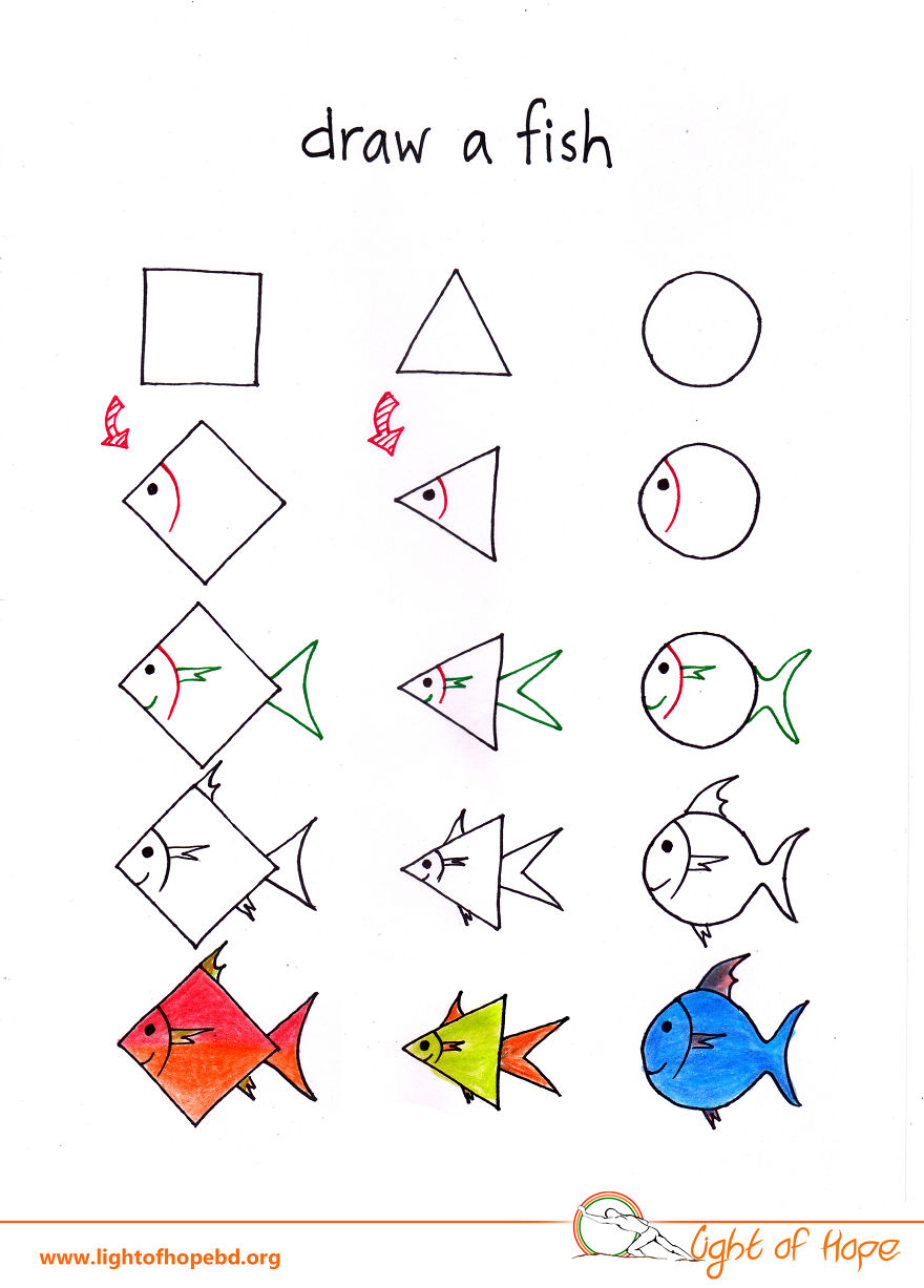 Step-by-step guide to draw a fish from a square, triangle, and circle using simple shapes and colors.