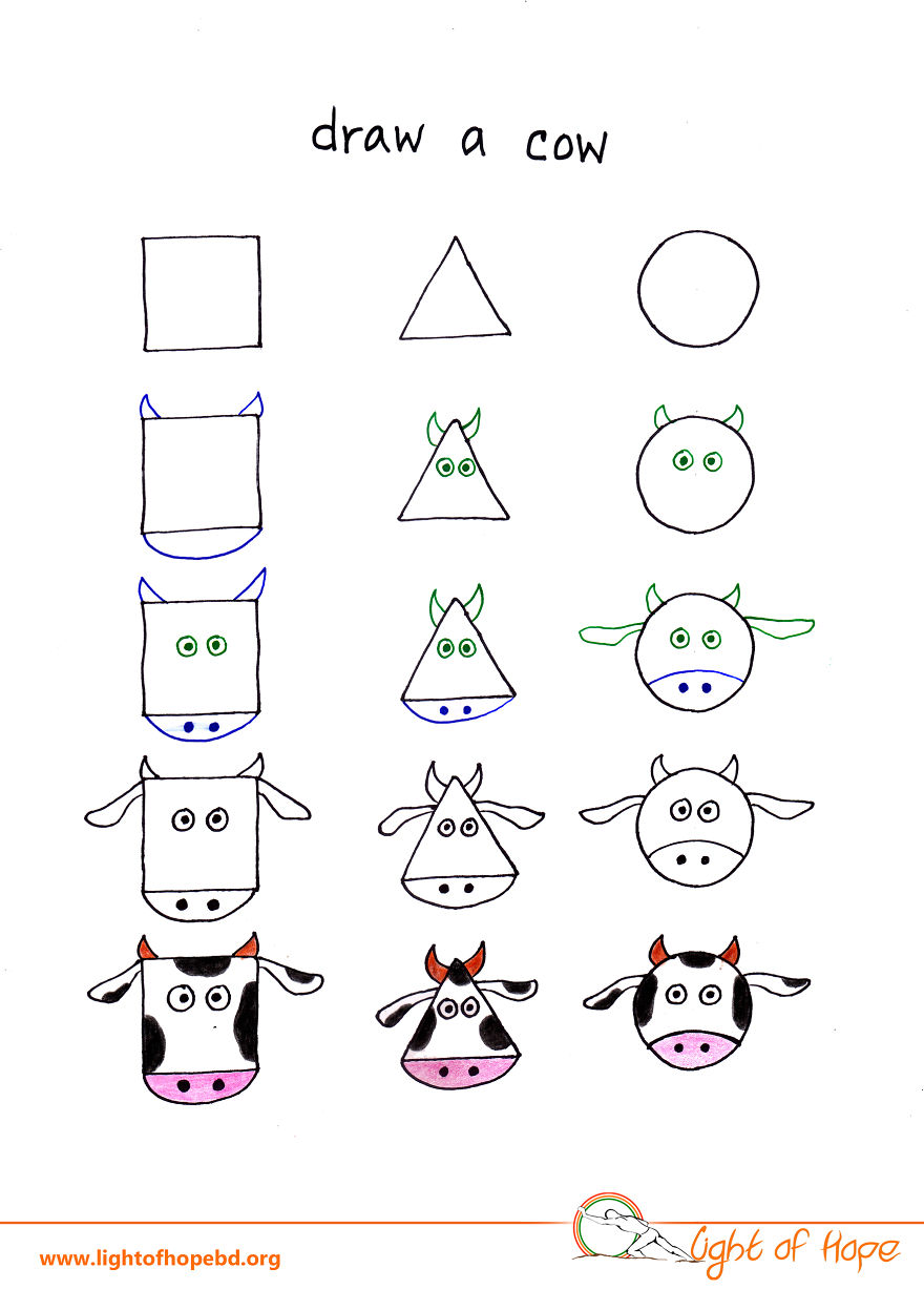 Step-by-step drawing of a cow using basic shapes square, triangle, and circle for animal drawing.