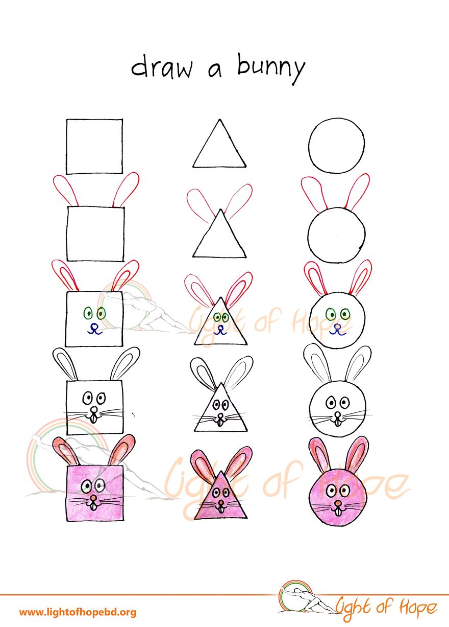 Step-by-step drawing of a bunny using basic shapes square, triangle, and circle for animal drawing tutorial.