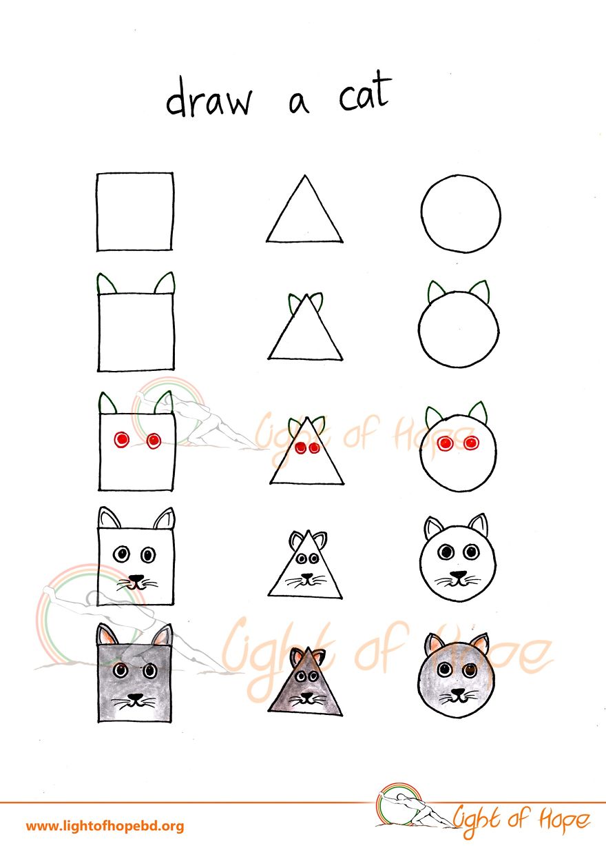 Step-by-step drawing of a cat using basic shapes square, triangle, and circle with added facial features and shading.