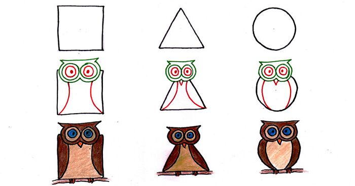 Step-by-step drawing of owls using basic shapes square, triangle, and circle for animal drawing tutorials.