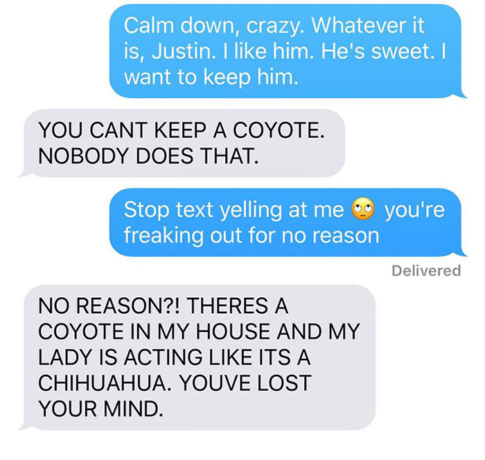 Wife Texts Husband She Brought A Dog Home While The Pic Shows A Coyote, And He Seriously Freaks Out Wife Texts Husband She Brought A Dog Home While The Pic Shows A Coyote, And He Seriously Freaks Out