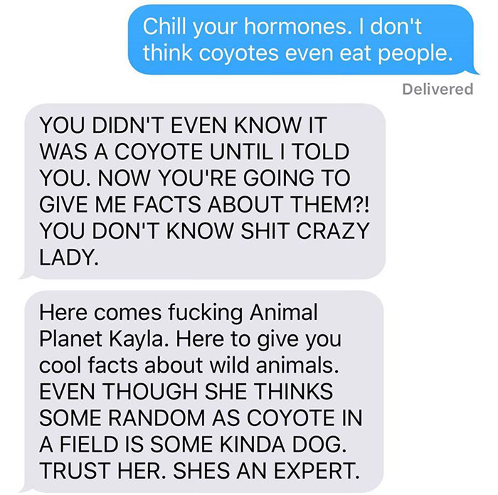 Wife Texts Husband She Brought A Dog Home While The Pic Shows A Coyote, And He Seriously Freaks Out
