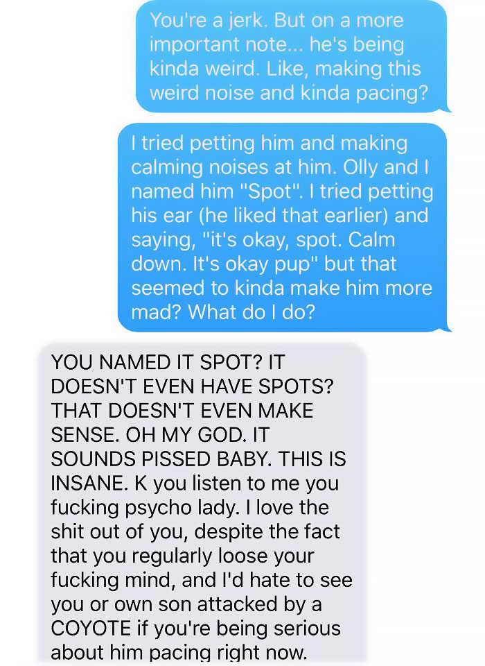 Wife Texts Husband She Brought A Dog Home While The Pic Shows A Coyote, And He Seriously Freaks Out Wife Texts Husband She Brought A Dog Home While The Pic Shows A Coyote, And He Seriously Freaks Out