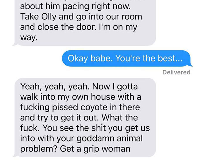 Wife Texts Husband She Brought A Dog Home While The Pic Shows A Coyote, And He Seriously Freaks Out Wife Texts Husband She Brought A Dog Home While The Pic Shows A Coyote, And He Seriously Freaks Out