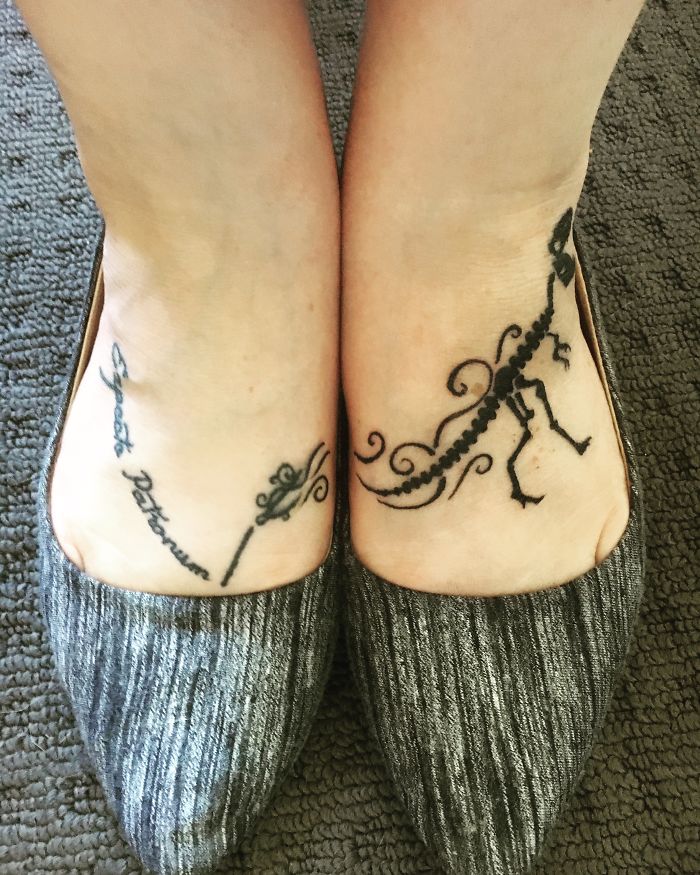 Subtle Harry Potter tattoos on feet, featuring "Expecto Patronum" and a Thestral design.