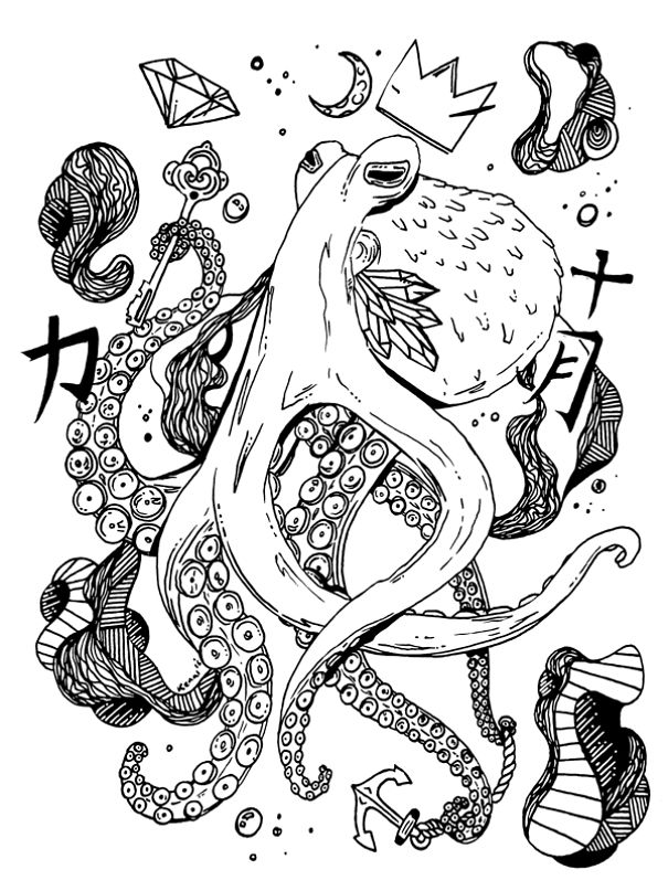 Symbolic Royal Octopus Drawing Created With An Ink Pen